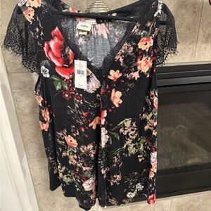 Johnny Was Black Floral Lace Women's Top